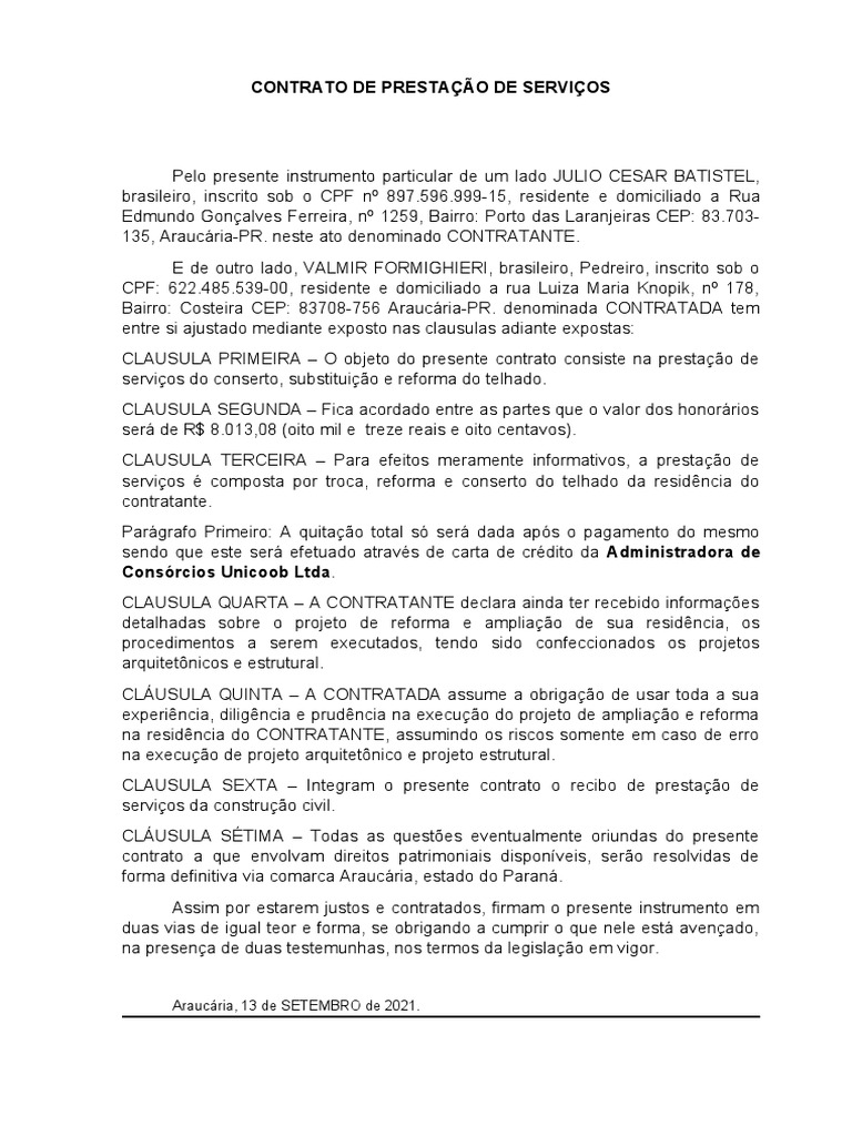 Modelo Contrato de Prestação de Serviços (Pedreiro) | PDF
