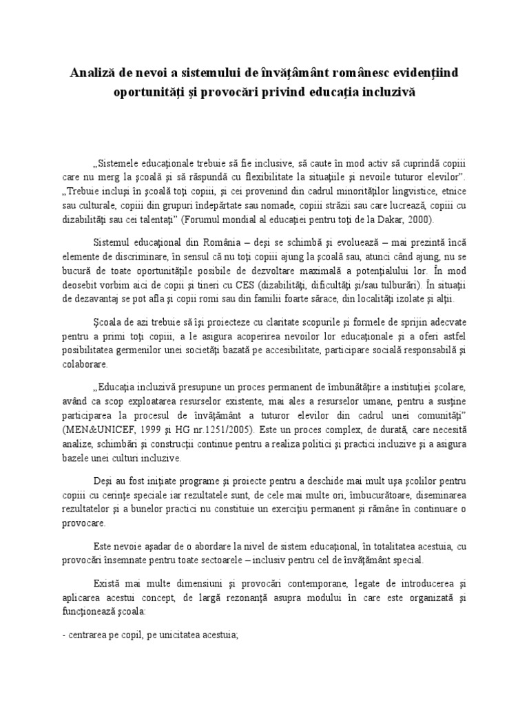 Analiza de Nevoi A Sistemului de Invatamant Romanesc Evidentiind ...