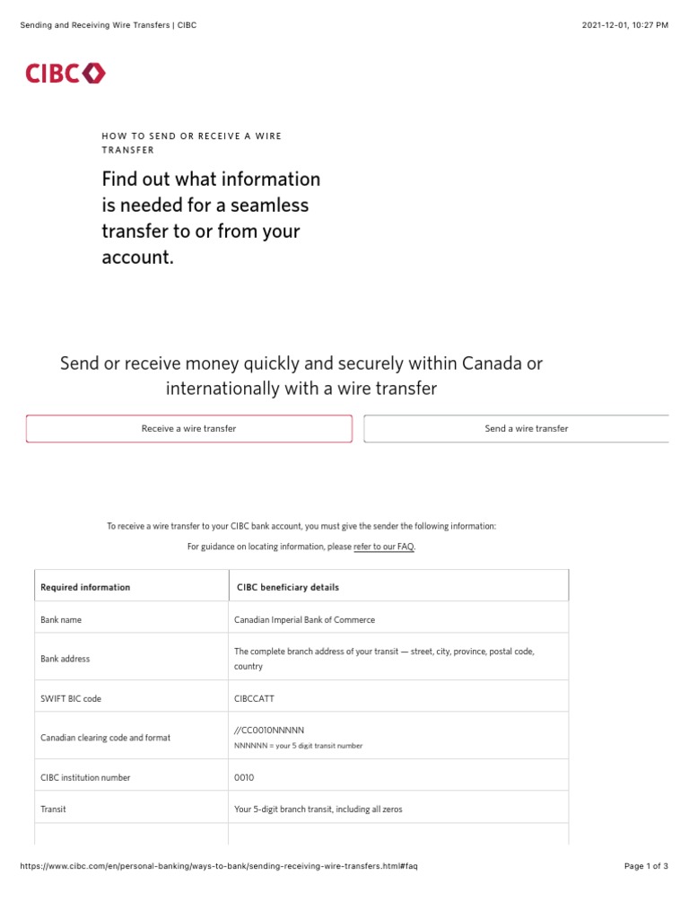 Sending and Receiving Wire Transfers CIBC PDF Wire Transfer Economies
