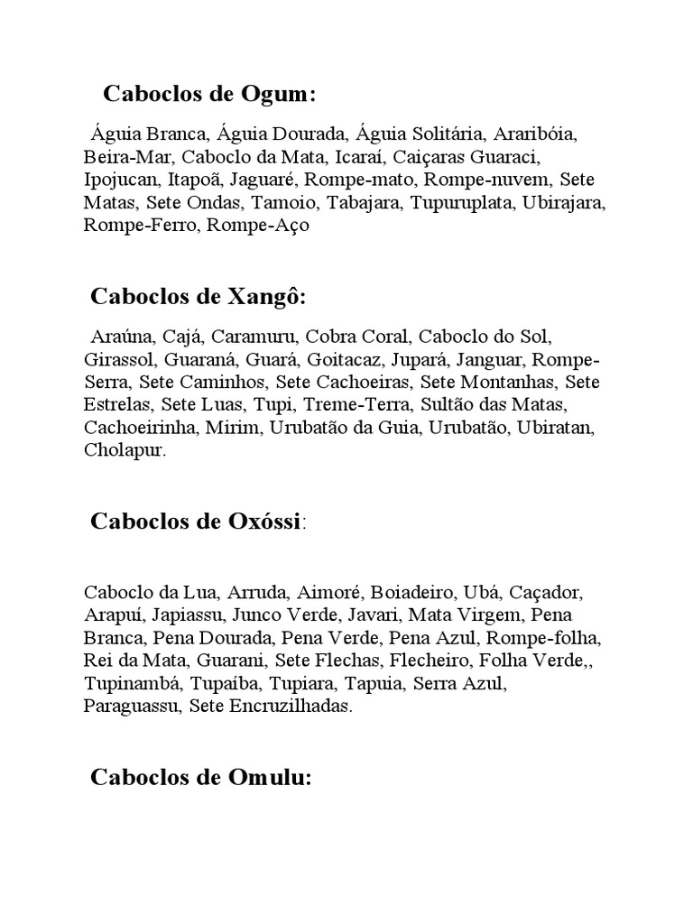 Nomes de Caboclos e Caboclas na Umbanda | PDF