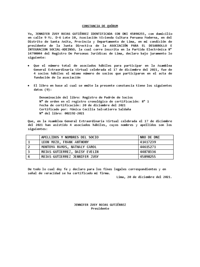 Modelo de Constancia de Quorum | PDF | Quórum | Justicia