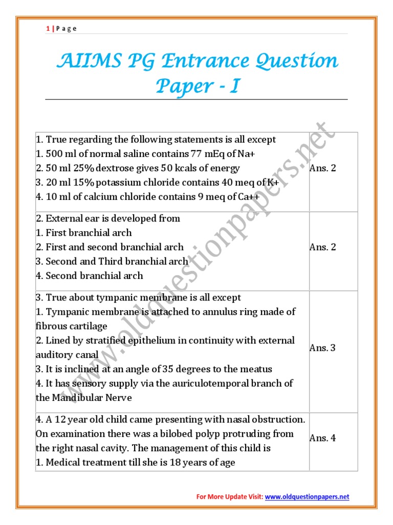 AIIMS PG Entrance Question Paper I PDF Angiotensin Circulatory System