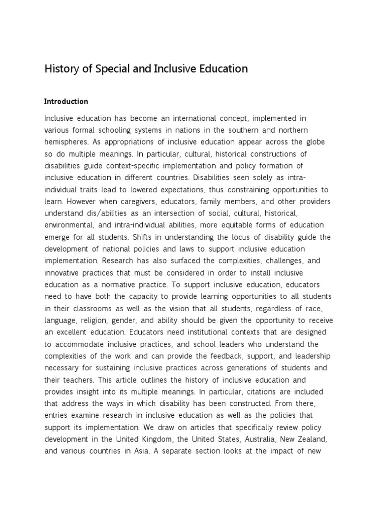 History of Special and Inclusive Education PDF Special Education