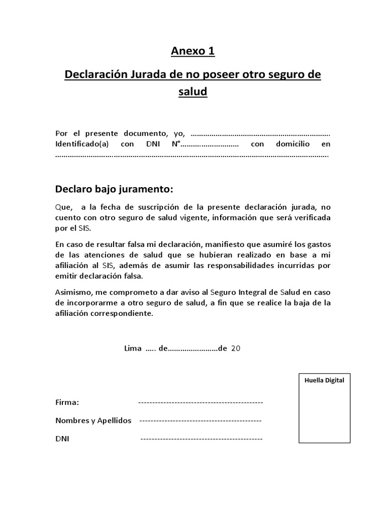 Declaración Jurada de No Seguro de Salud | PDF | Finanzas y dinero ...