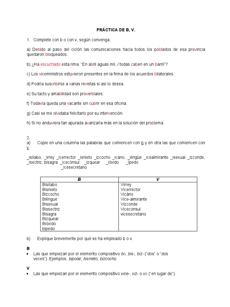 Ejercicios de uso de B y V | PDF | Relaciones sintácticas | Gramática