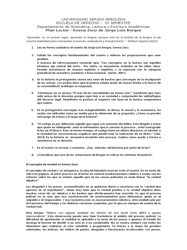 Guia de Lectura Emma Zunz PDF Verdad Justicia