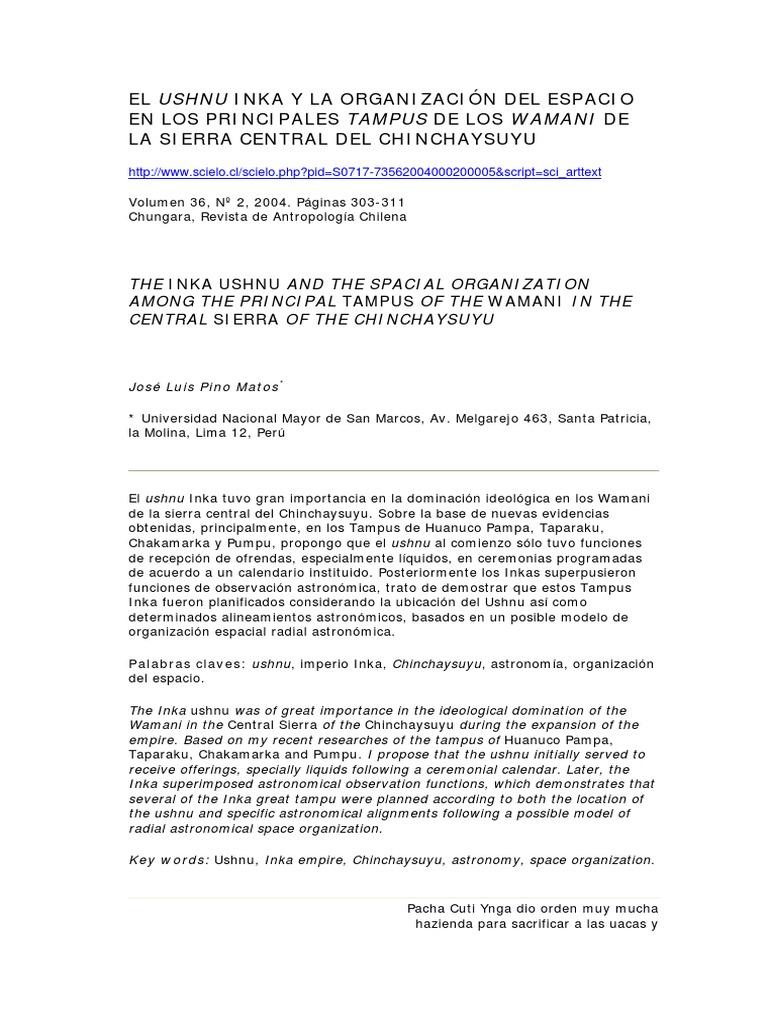 El Ushnu Inka y La Organización Del Espacio en Los Principales Tampus ...