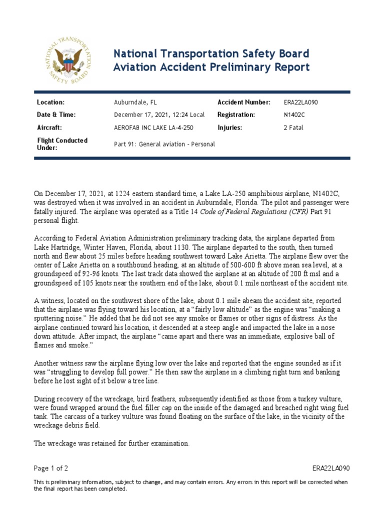 Auburndale Plane Crash NTSB Preliminary Report PDF Aviation