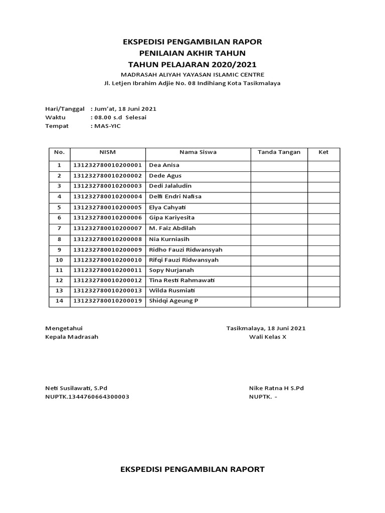 Ekspedisi Pengambilan Rapor MA YIC | PDF