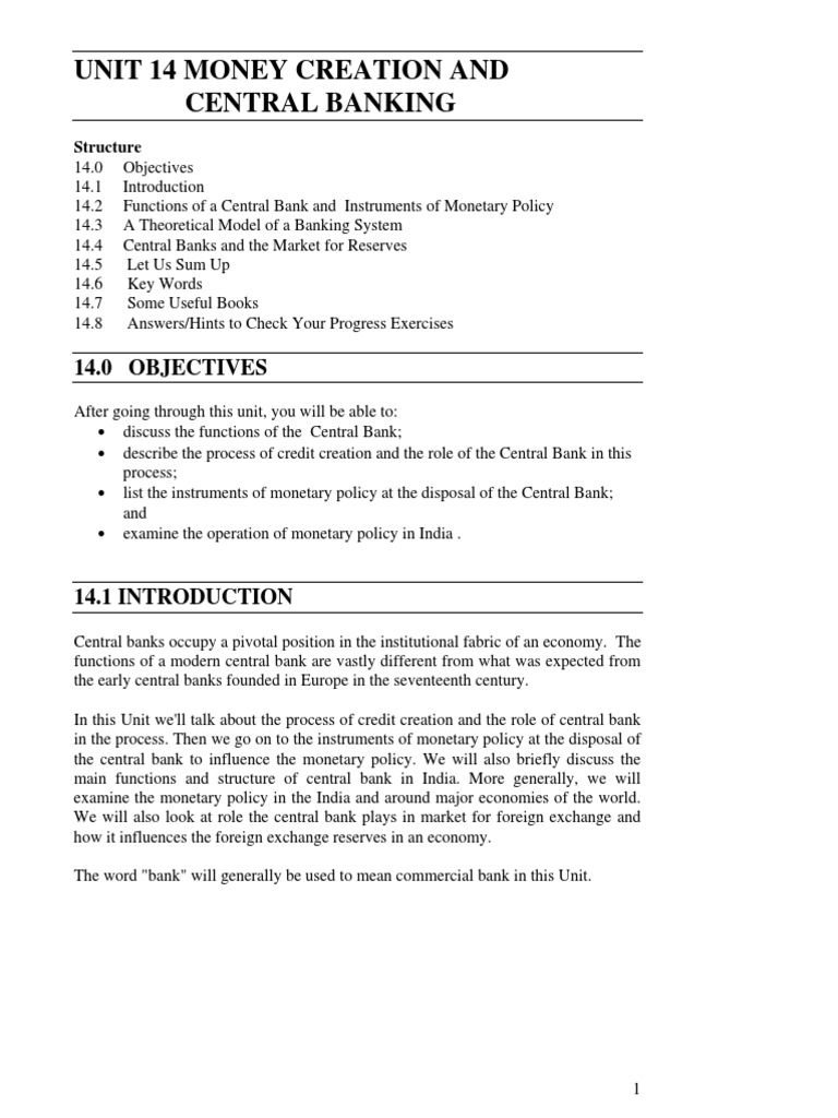 Unit 14 Money Creation and Central Banking 14.0 Objectives PDF Money Supply Central Banks