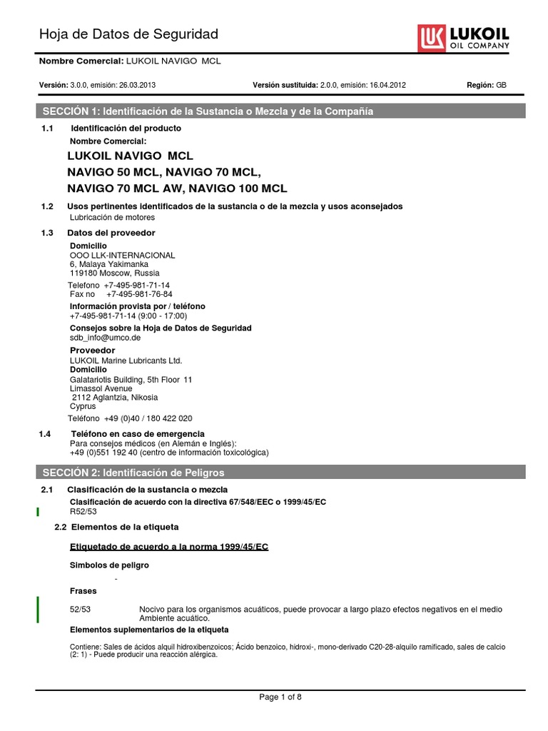 Hoja de Seguridad LUKOIL NAVIGO MCL | PDF | Residuos | Toxicidad