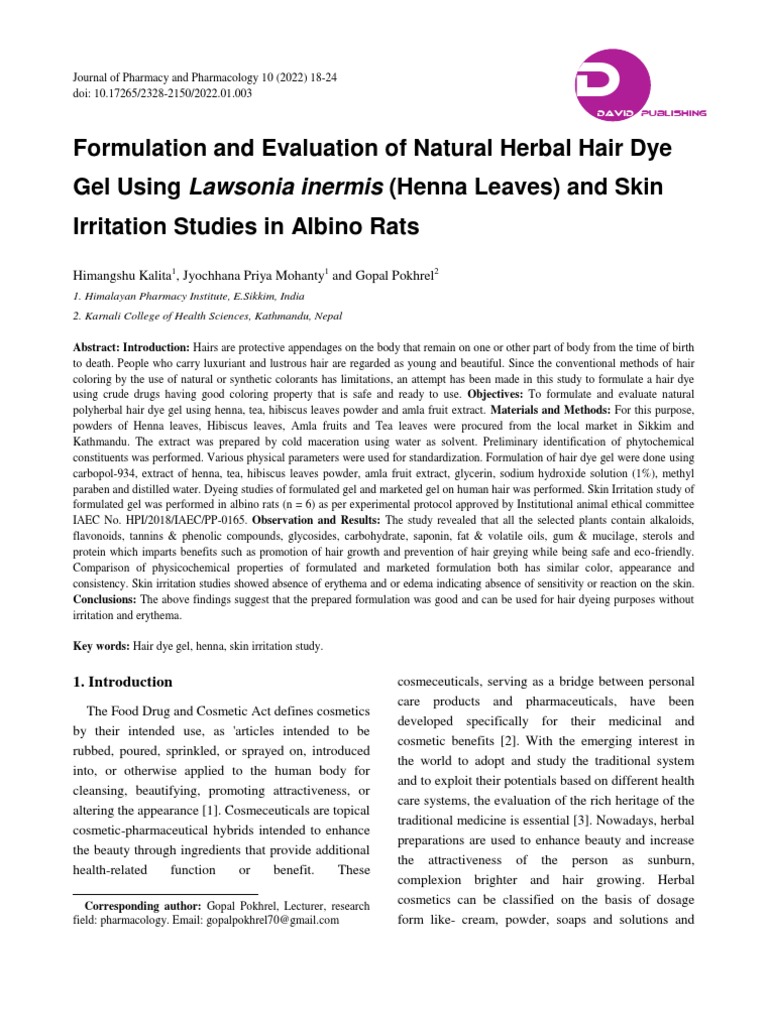 Formulation and Evaluation of Natural Herbal Hair Dye Gel Using