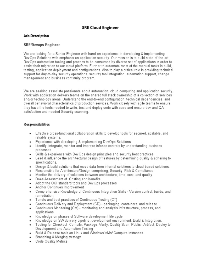 Senior SRE Cloud Engineer Role | PDF | Cloud Computing | Software ...