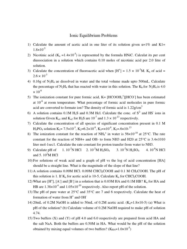 Ionic Equilibrium Problem Set | PDF | Acid | Ph