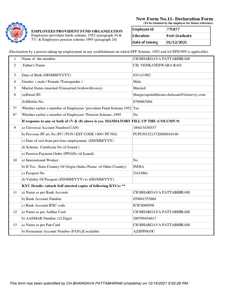 New Employee Onboarding Declaration Form for CH.BHARGAVA PATTABHIRAM Joining TietoEvry PDF