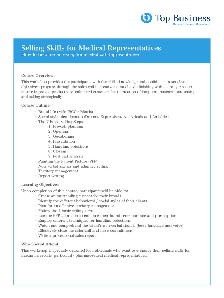 Selling Skills Workshop for Medical Reps | PDF | Communication | Cognition