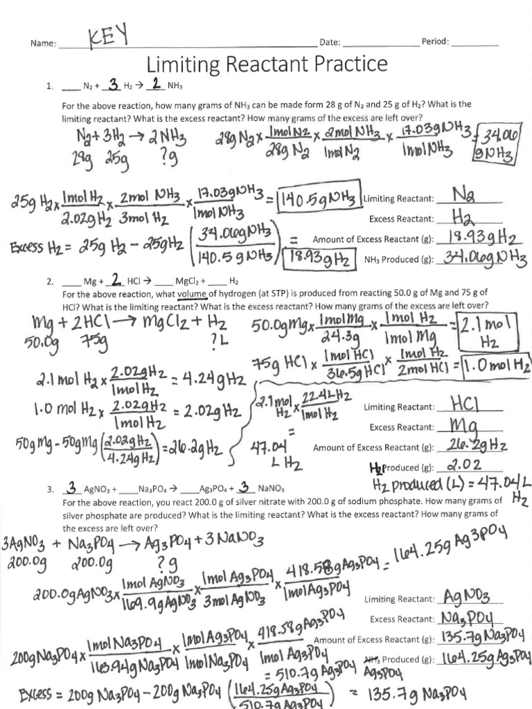 limiting reactant assignment answer key