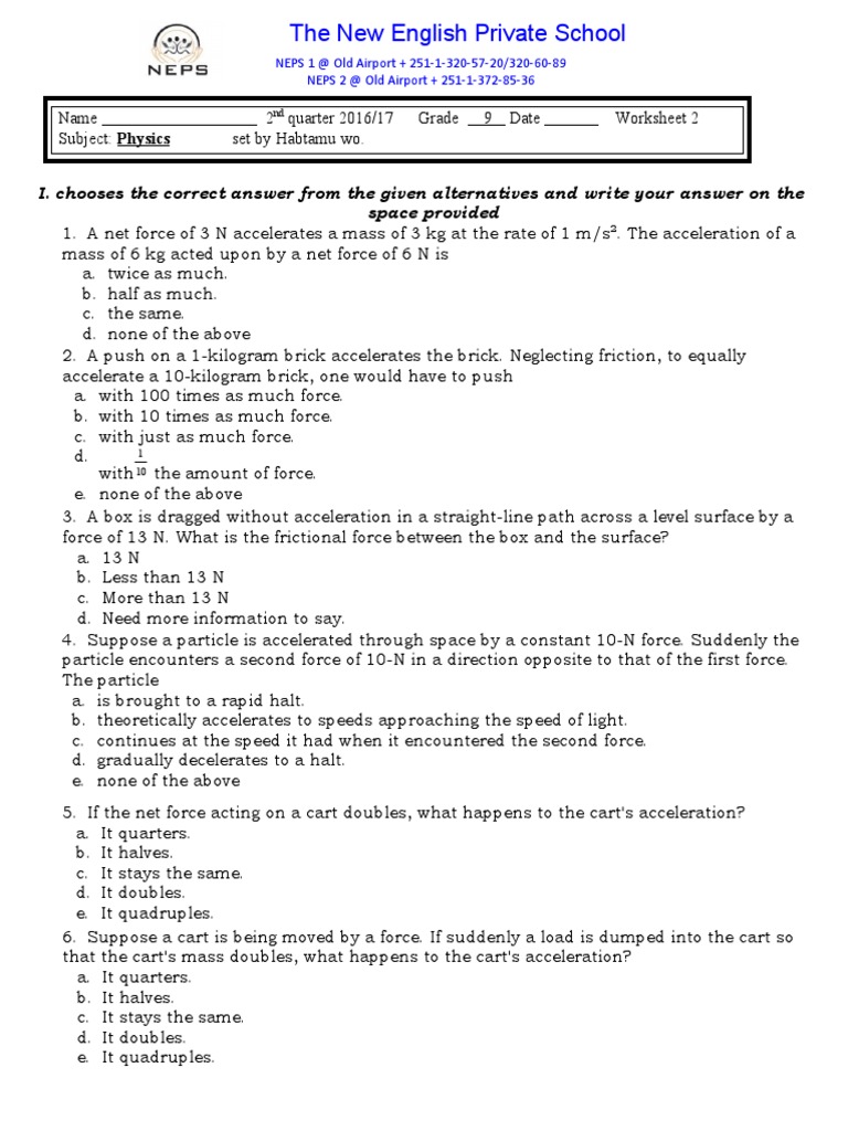 Newtons Laws Ws | PDF | Force | Acceleration