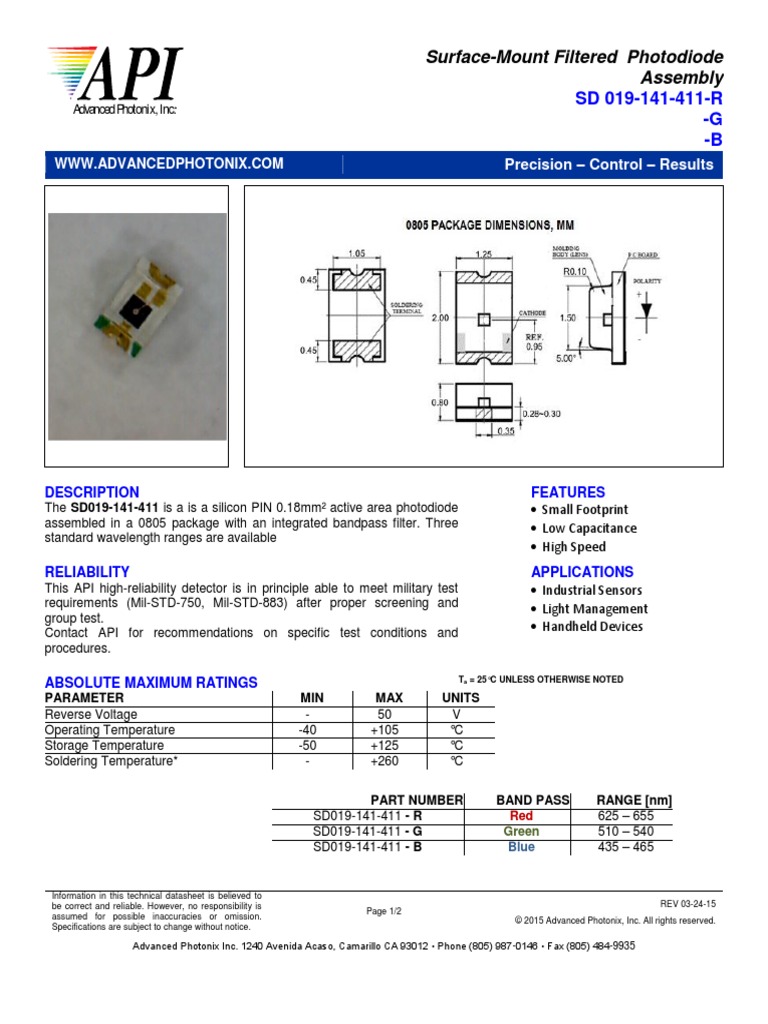 Surface-Mount Filtered Photodiode Assembly: SD 019-141-411-R - G - B ...