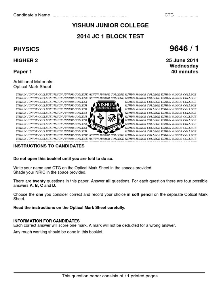 Yishun Junior College Physics Test 2014 | PDF | Force | Acceleration