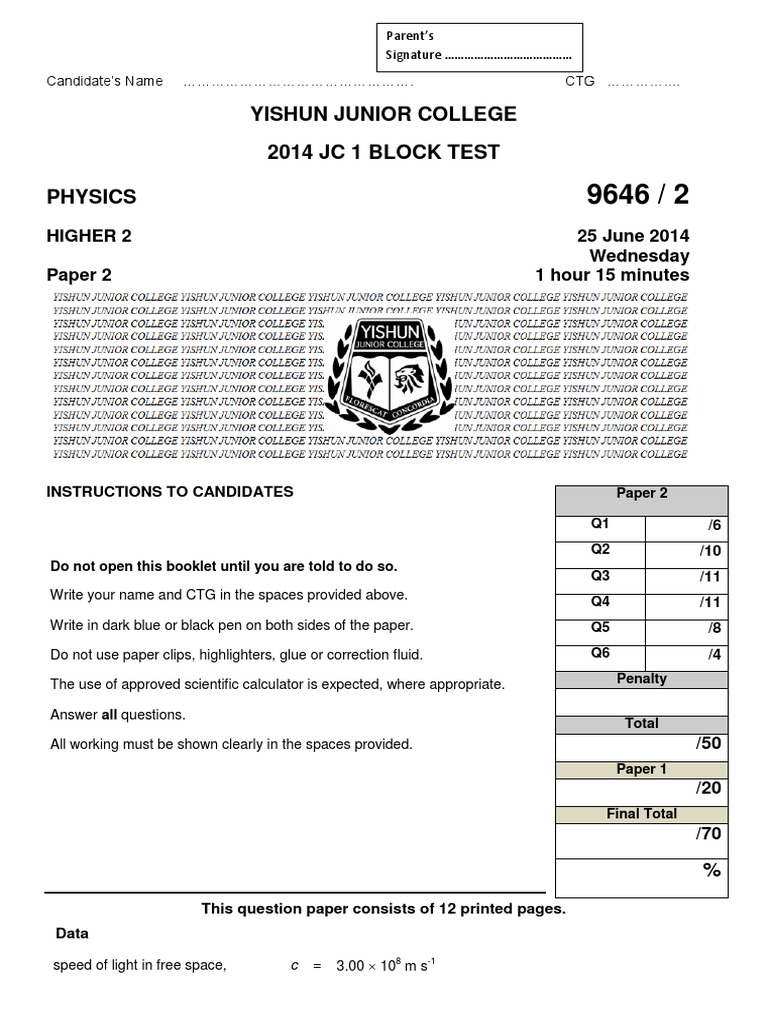 2014 YJC JC1 Physics Block Test Paper 2 | PDF | Force | Kinetic Energy