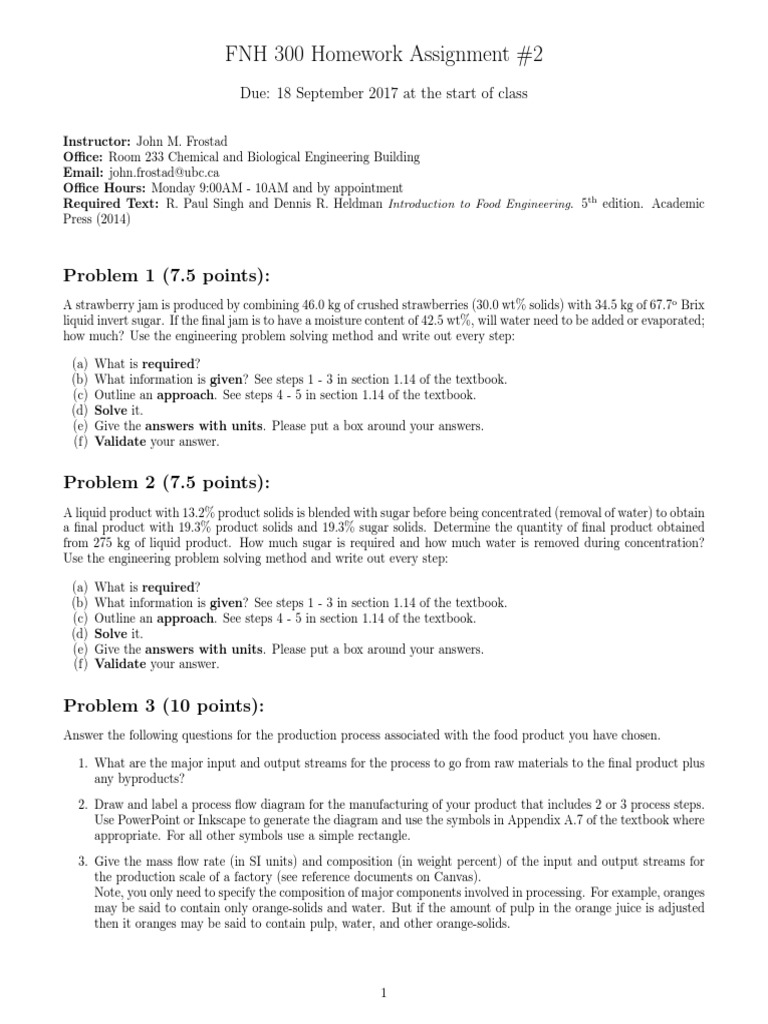Homework Assignment on Food Engineering Problems Involving Moisture