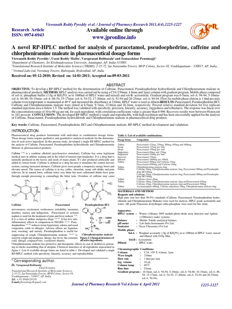 A Novel RPHPLC Method For Analysis of Paracetamol Pseudo Ephedrine