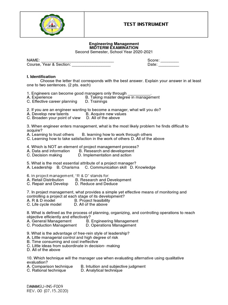 Engineering Management - Midterm Exam | PDF | Project Management | Test ...
