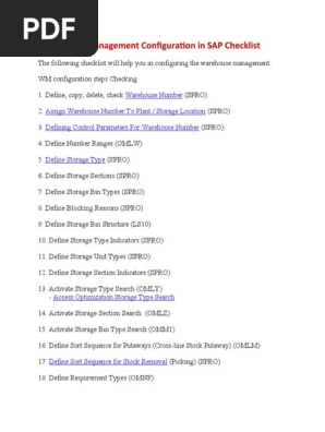 Warehouse Management Configuration in SAP Checklist
