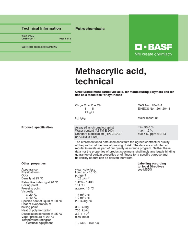Technical Specifications and Safety Information for Methacrylic Acid