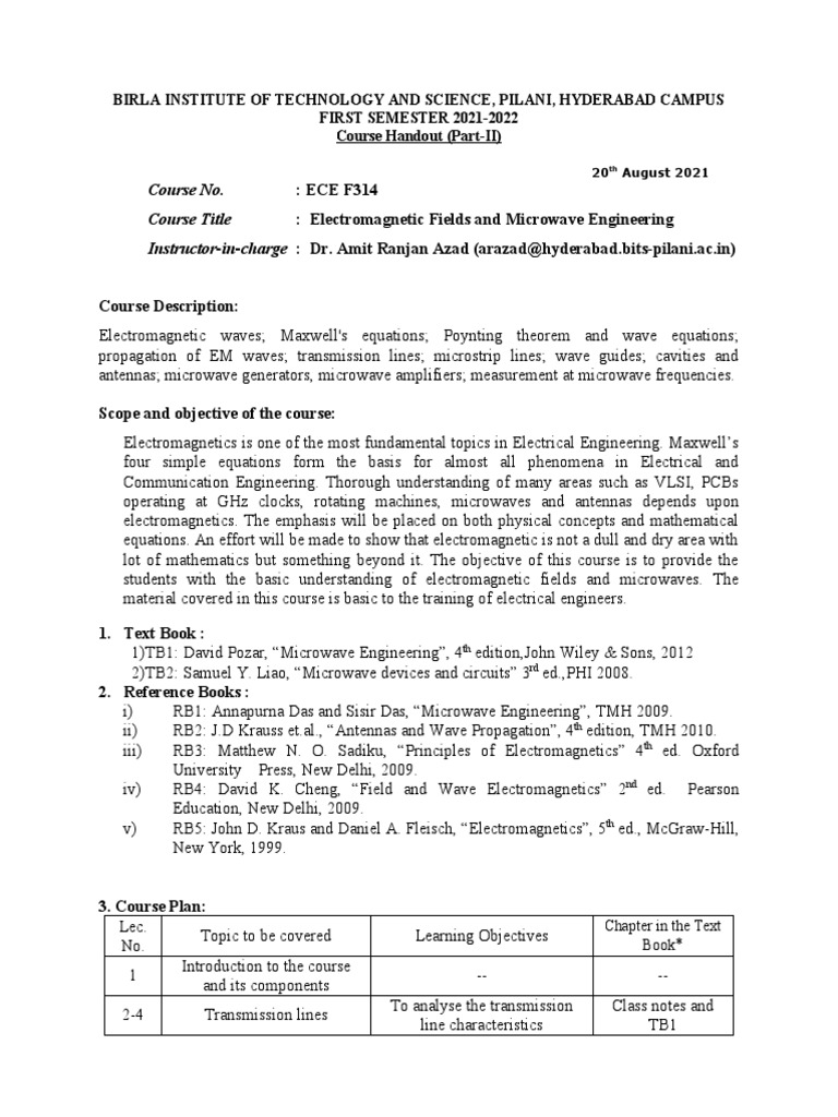 ECE F314 Fields and Microwave Engineering Course