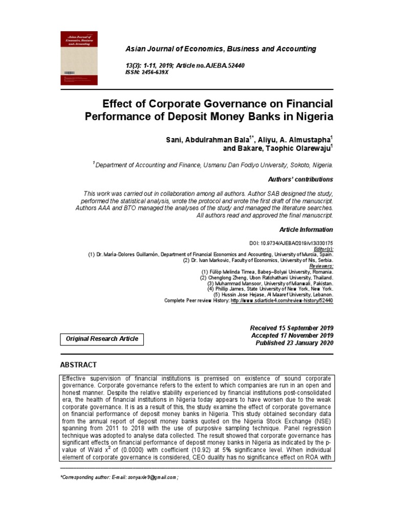 Effect of Corporate Governance On Financial Performance of Deposit ...