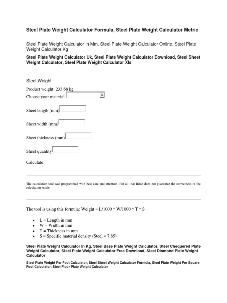 Steel Plate Weight Calculator Formula PDF