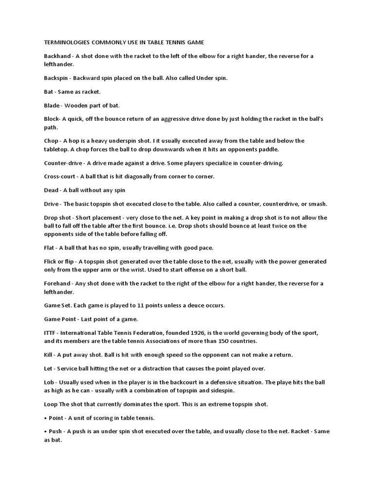 Terminologies Commonly Use in Table Tennis Game PDF Table Tennis