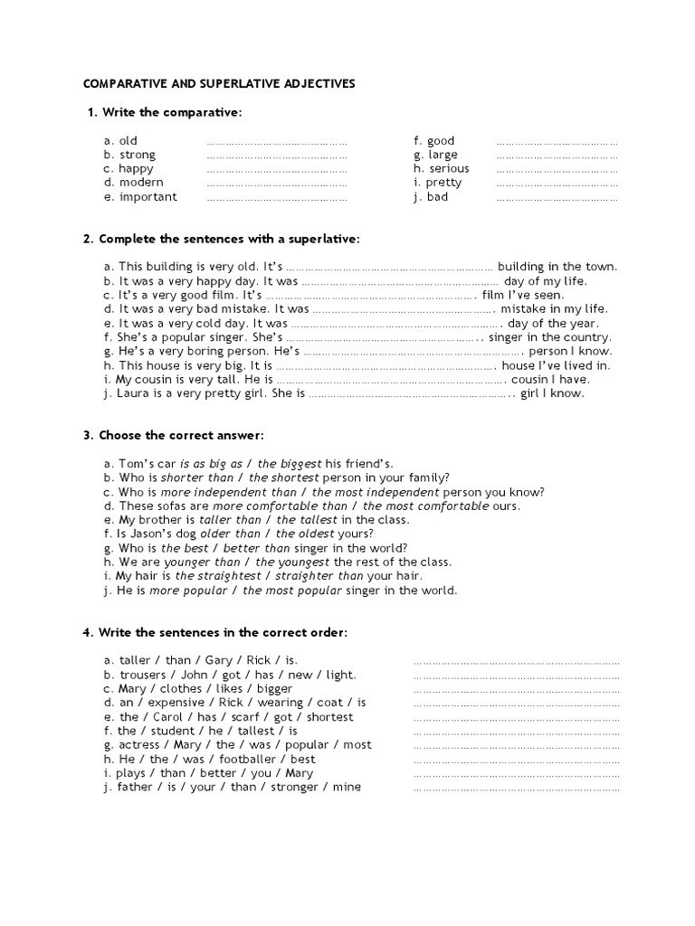 Comparative and Superlative Adjectives 1. Write The Comparative | PDF ...