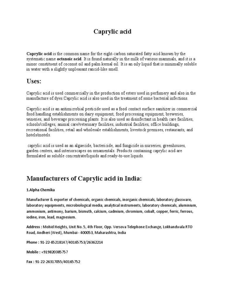 Caprylic Acid: Uses and Suppliers | PDF | Chemical Substances | Chemistry