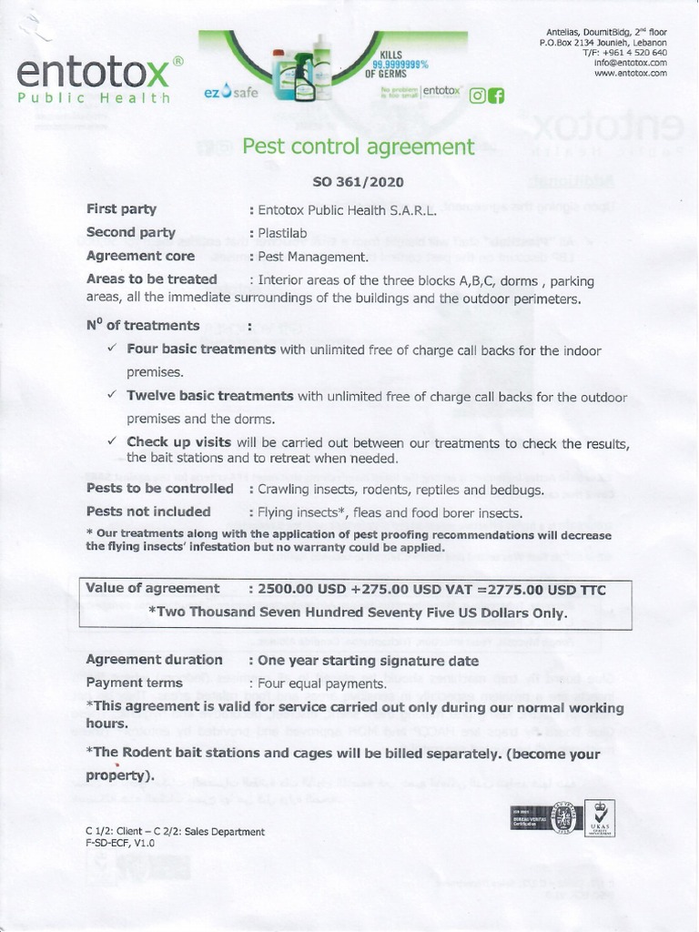 Pest Control Agreement | PDF