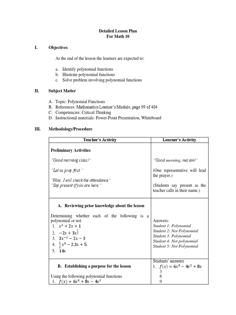 Detailed Lesson Plan For Math 10 I. Objectives | Download Free PDF ...
