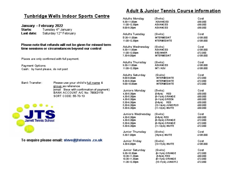 Tunbridge Wells Indoor Sports Centre Adult & Junior Tennis Course Information PDF