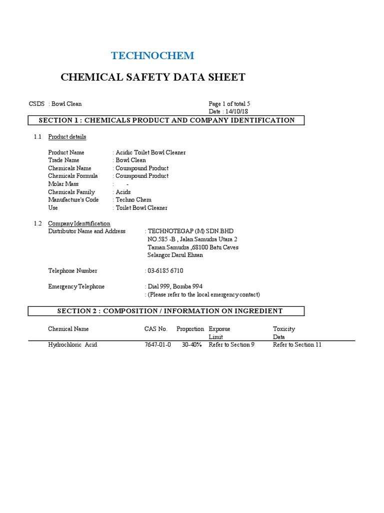 Toilet Bowl Cleaner Safety Data Sheet | PDF | Personal Protective ...