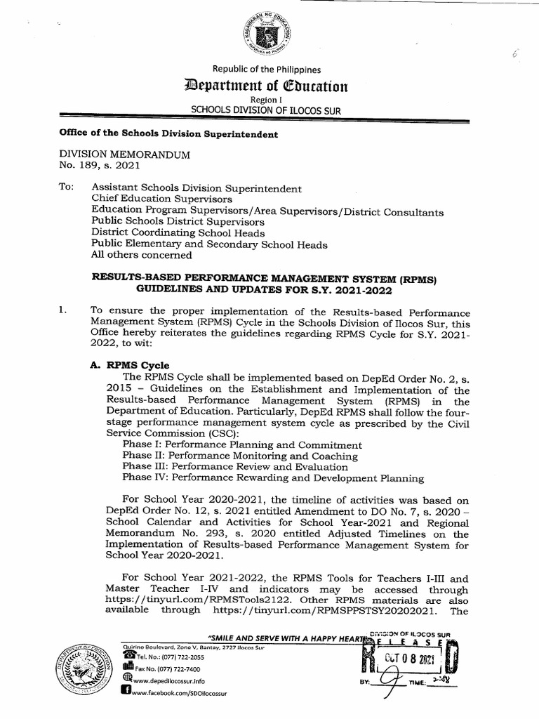 DM No. 189, S. 2021-Results-Based Performance Management System (RPMS ...