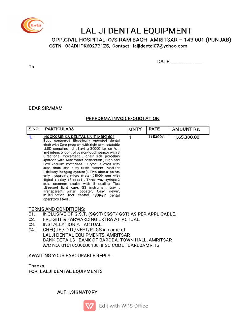 Dental Chairs Quotation New | PDF