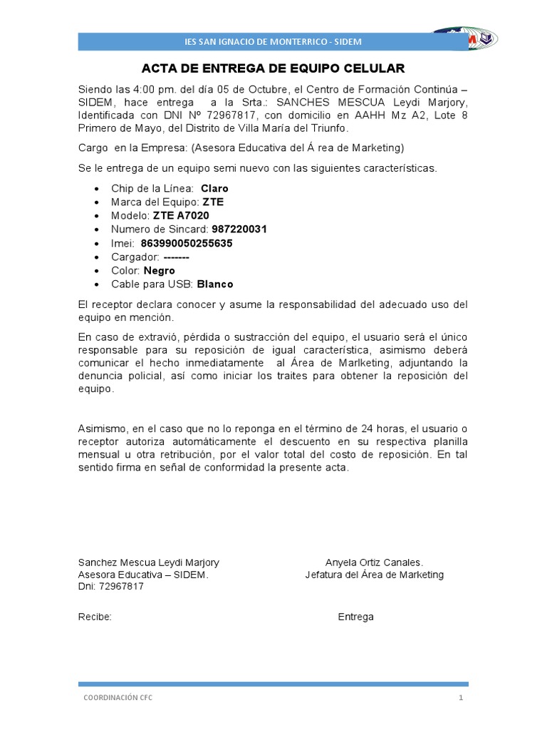 Acta de Entrega de Equipo Celular  PDF