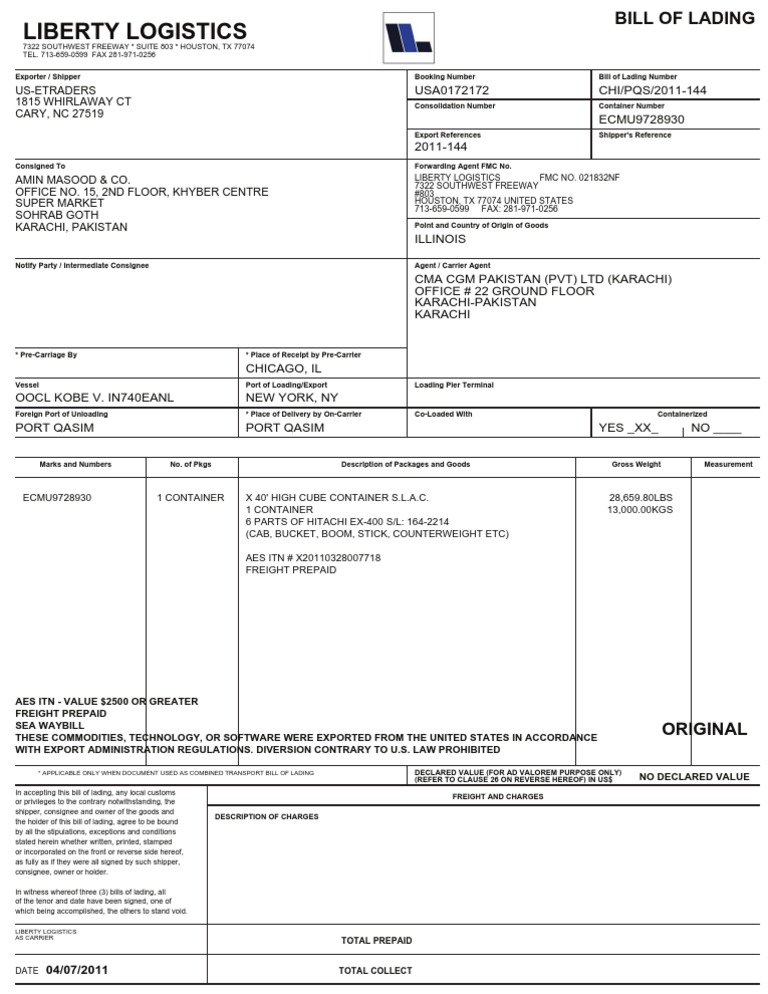 EX 400-1 1ST BL | Bill Of Lading | Consignee