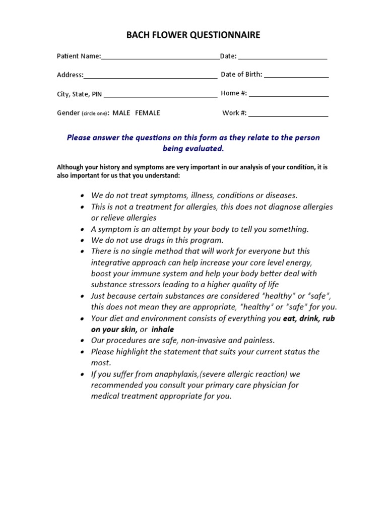 Bach Flower Remedies (Client Intake Form Questionnaire) PDF