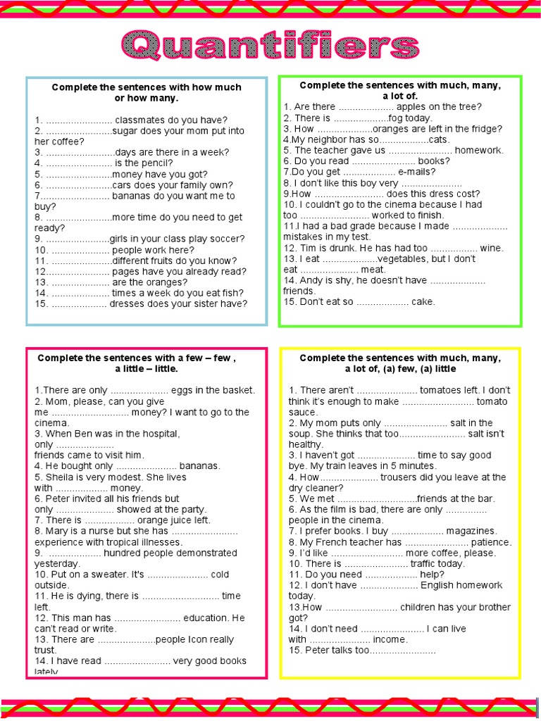 Completing Sentences: Much vs. Many | PDF | Cooking, Food & Wine ...