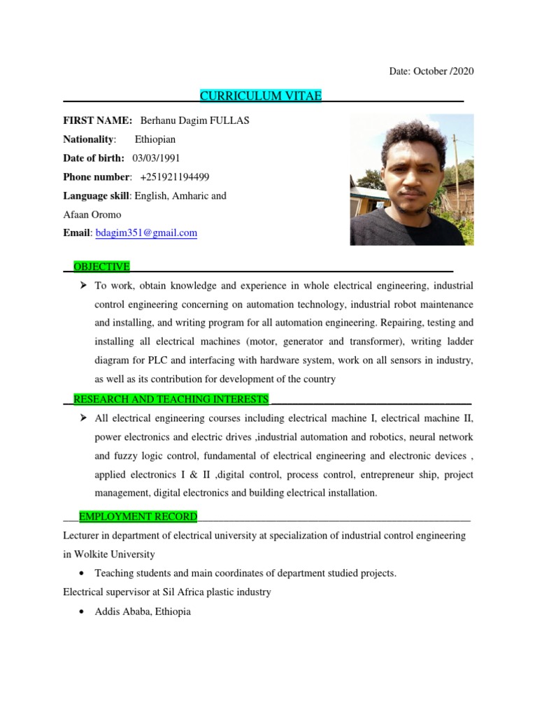 Birhanu CV | PDF | Engineering | Automation