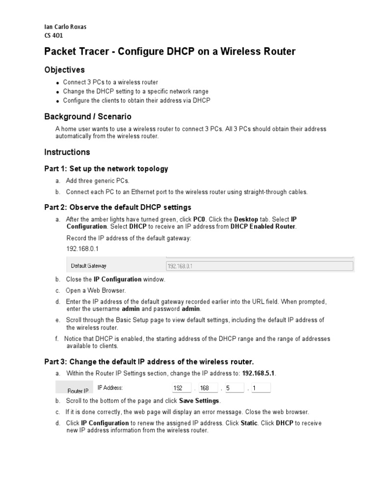 Packet Tracer - Configure DHCP On A Wireless Router - ROXAS | PDF | Ip ...