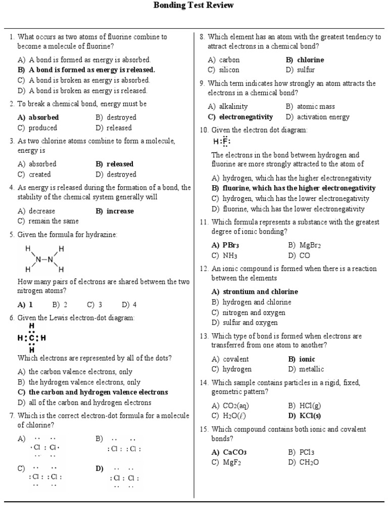 Bonding Test Review TC PDF Chemical Bond Molecules