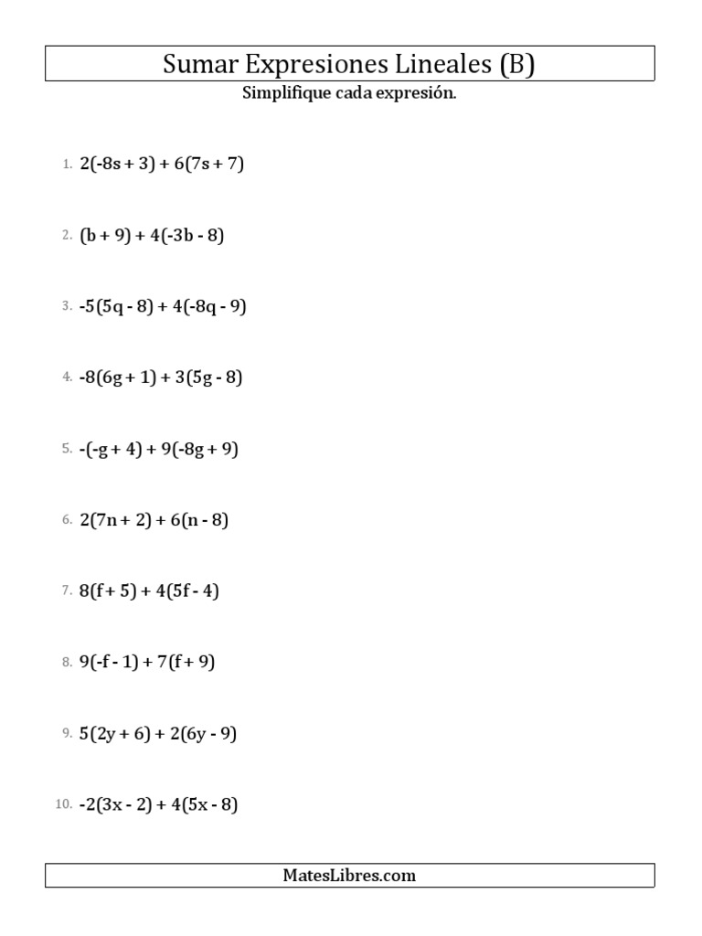Ejercicios de lgebra sumar y simplificar expresiones lineales que